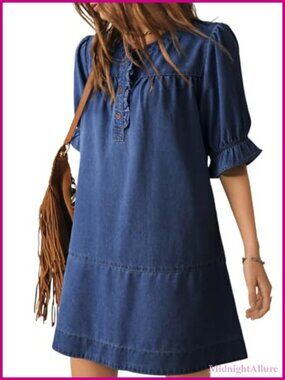 Denim Dress Ruffle Short Sleeve Button Cowgirl Jean Dress A-Line Loose Fit